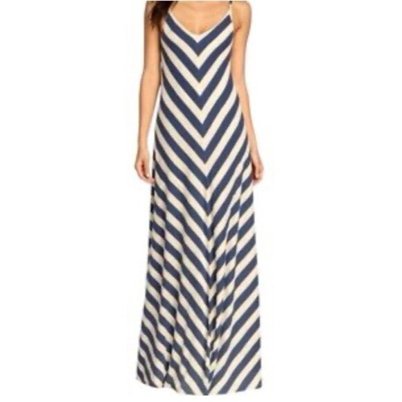 Matty M Blue & Gray Maxi Dress Chevron Striped Adjustable Spaghetti Straps L - Picture 1 of 16